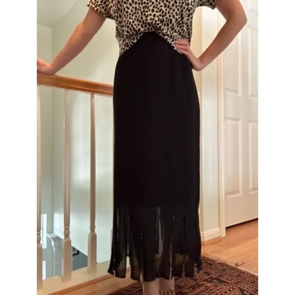 VTG 90s MSK Black Beaded Wide Fringe Maxi Skirt Sz L Cocktail Evening Whimsigoth - Picture 1 of 14
